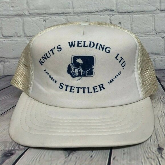 Vintage Trucker Hat Cap Snapback White Knut's Welding Ltd. Stettler Welder Mesh - Picture 1 of 8